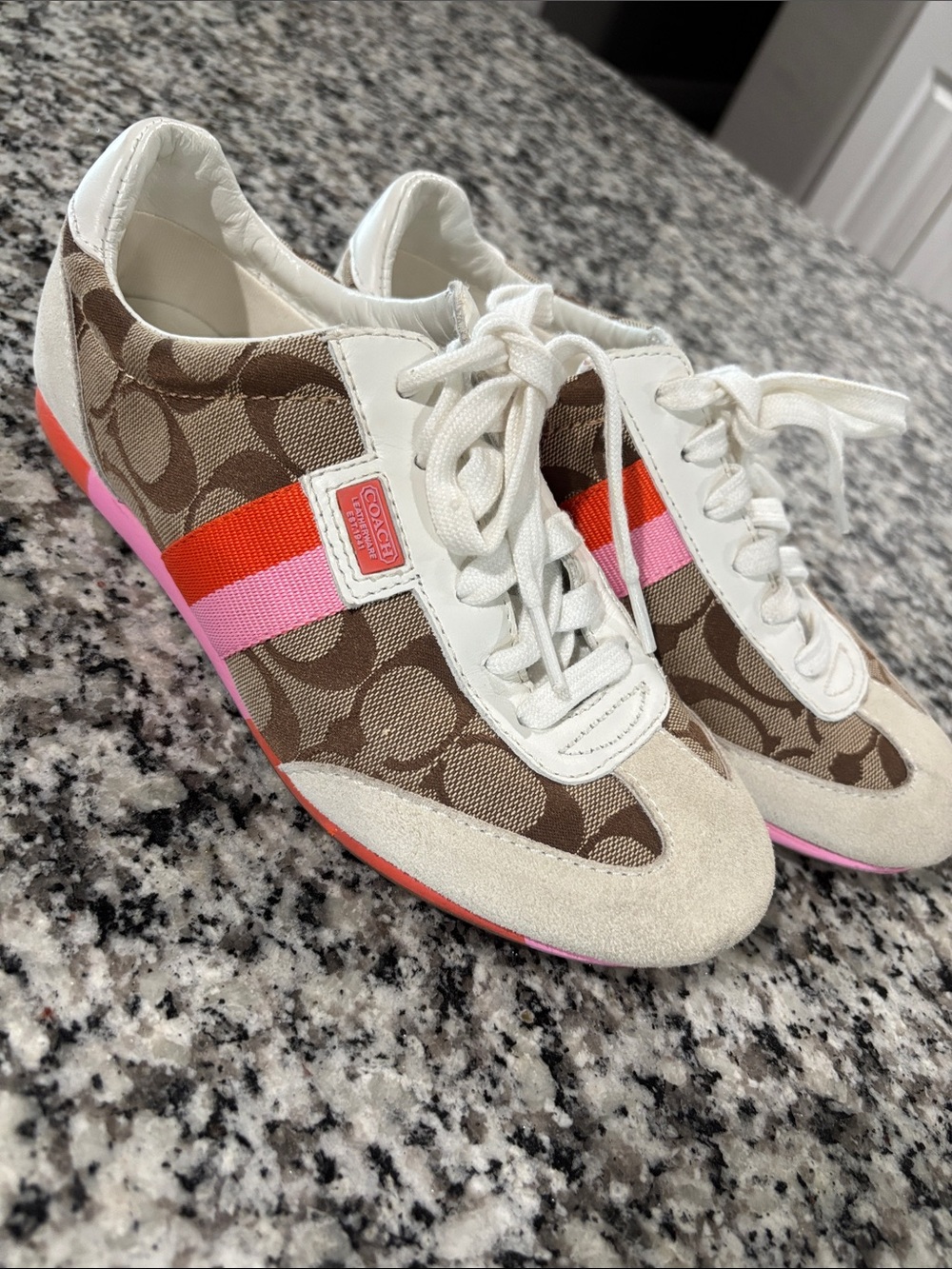 Coach Brown Signature Canvas Sneakers with Pink & Orange StripesY2K 2008